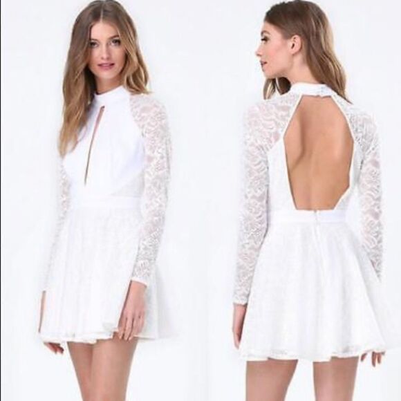 Bebe White long sleeve open back lace mini summer dress new w tags size medium - Picture 2 of 8